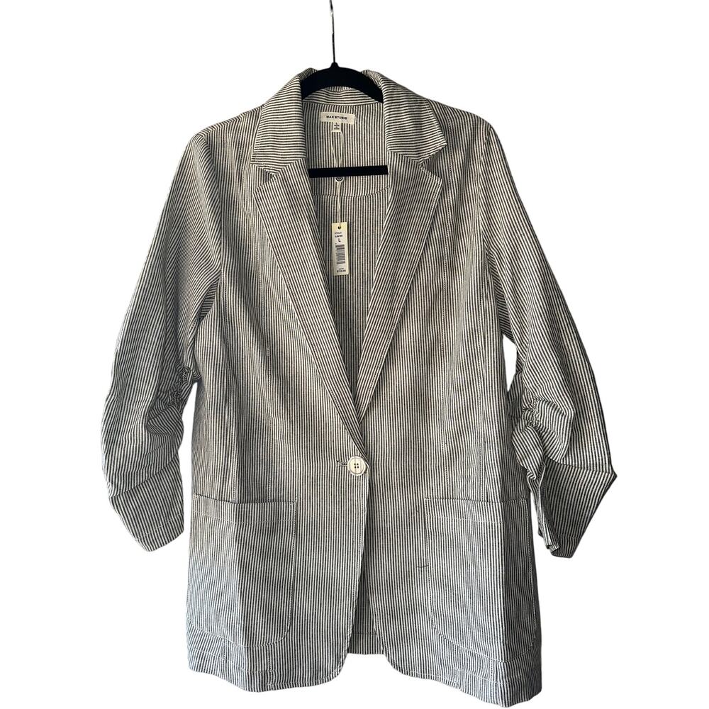 Max Studio Women’s Size Large Striped Linen Blend Blazer 3/4 Ruched Sleeves